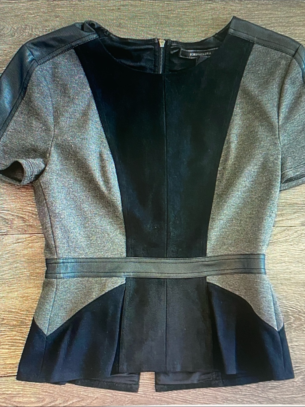 BCBGMaxAzria Black and Gray Paneled Peplum Top with Leather Trim